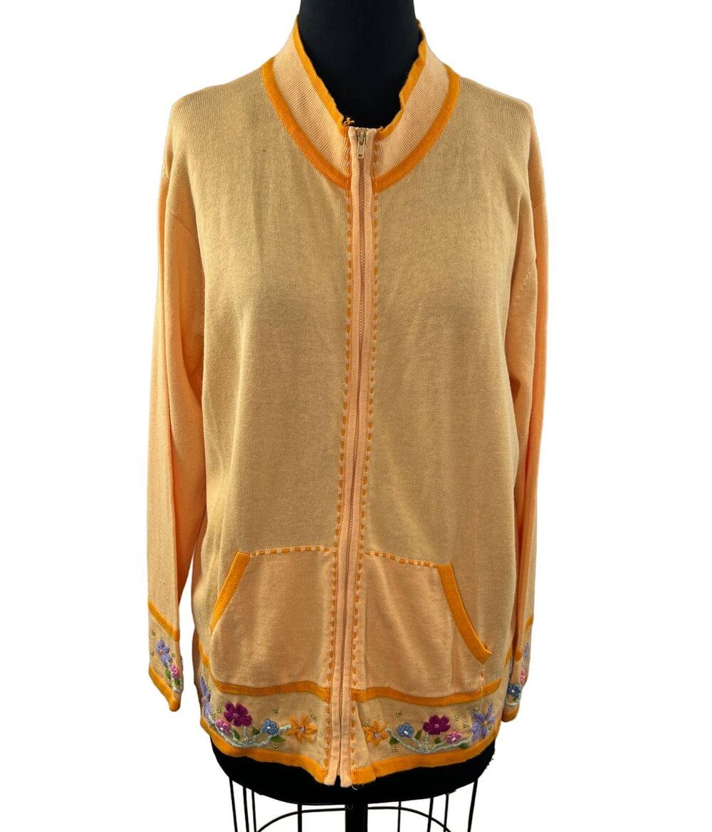 Storybook Knits Orange L Full Zip Cardigan Sweater Floral Embroidery Long Sleeve